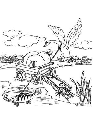 Лебедь, Рак и Щука – раскраска 22